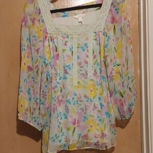 LC Lauren Conrad Cream Ruffled 3/4 Sleeve Blouse
